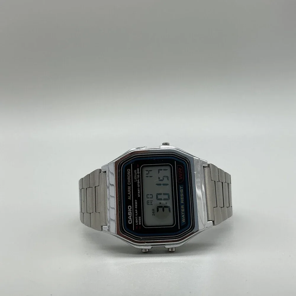 Casio A158W Alarm Chrono Mens Watch 33mm Digital Gray Stainless Bracelet